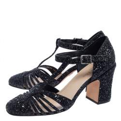 Pre Owned Dior Black Coarse Glitter T-Bar Ankle-Strap Sandals Size 40