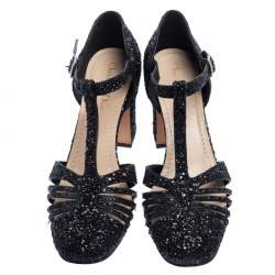 Pre Owned Dior Black Coarse Glitter T-Bar Ankle-Strap Sandals Size 40