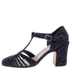 Pre Owned Dior Black Coarse Glitter T-Bar Ankle-Strap Sandals Size 40