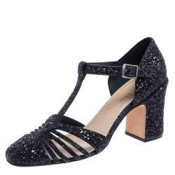 Pre Owned Dior Black Coarse Glitter T-Bar Ankle-Strap Sandals Size 40