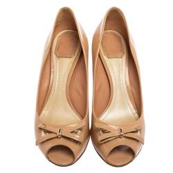 Pre Owned Dior Beige Leather Logo Bow Peep Toe Pumps Size 40 
