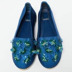 Pre Owned Dior Blue Canvas Flower Embellished Espadrille Flats Size 40