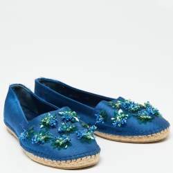 Pre Owned Dior Blue Canvas Flower Embellished Espadrille Flats Size 40