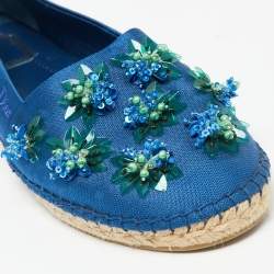 Pre Owned Dior Blue Canvas Flower Embellished Espadrille Flats Size 40
