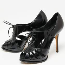 Pre Owned حذاء بوت ديور جلد لامع أسود مقدمة مفتوحة ورباط وقصه مقاس 38