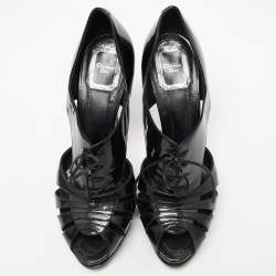 Pre Owned حذاء بوت ديور جلد لامع أسود مقدمة مفتوحة ورباط وقصه مقاس 38