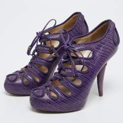 Dior Purple Lizard Embossed Leather Cut-Out Lace-Up Ankle Booties Size 38