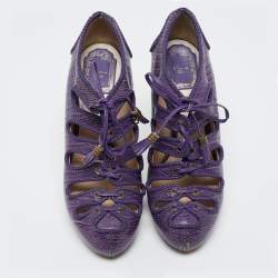Dior Purple Lizard Embossed Leather Cut-Out Lace-Up Ankle Booties Size 38