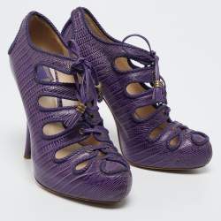 Dior Purple Lizard Embossed Leather Cut-Out Lace-Up Ankle Booties Size 38