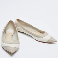 Pre Owned Dior Off-White/Light Grey Leather Pointed Toe Ballet Flats Size 40.5