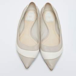 Pre Owned Dior Off-White/Light Grey Leather Pointed Toe Ballet Flats Size 40.5