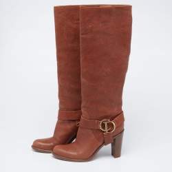 مملوكة مسبقًا حذاء بوت ديور جلد بني CD  بطول الركبة مقاس 38