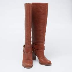 مملوكة مسبقًا حذاء بوت ديور جلد بني CD  بطول الركبة مقاس 38