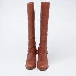 مملوكة مسبقًا حذاء بوت ديور جلد بني CD  بطول الركبة مقاس 38