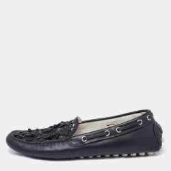 Pre Owned Dior Black Leather Flower Embellished Driving Slip on Loafers Size 38