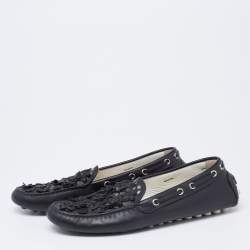 Pre Owned Dior Black Leather Flower Embellished Driving Slip on Loafers Size 38