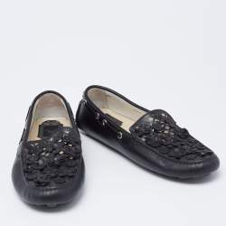 Pre Owned Dior Black Leather Flower Embellished Driving Slip on Loafers Size 38