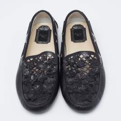 Pre Owned Dior Black Leather Flower Embellished Driving Slip on Loafers Size 38