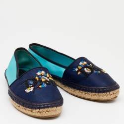 Pre Owned Dior Two Tone Satin Embroidered Espadrille Flats Size 37.5