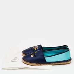 Pre Owned Dior Two Tone Satin Embroidered Espadrille Flats Size 37.5