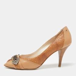 Pre Owned Dior Brown Leather Buckle Peep Toe Pumps Size 40.5