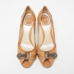 Pre Owned Dior Brown Leather Buckle Peep Toe Pumps Size 40.5