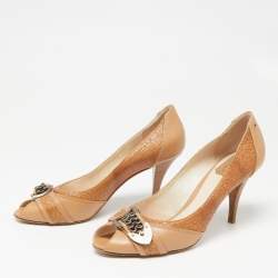 Pre Owned Dior Brown Leather Buckle Peep Toe Pumps Size 40.5