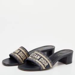 Dior Navy Blue Embroidered Canvas Dway Slide Sandals Size 39