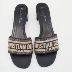 Dior Navy Blue Embroidered Canvas Dway Slide Sandals Size 39