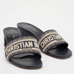 Dior Navy Blue Embroidered Canvas Dway Slide Sandals Size 39