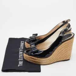 Dior Black Patent Leather Wedge Espadrille Bow Platform Slingback Sandals Size 38