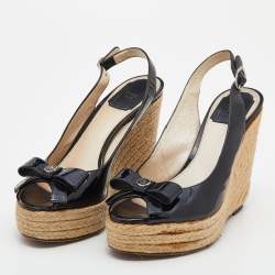Dior Black Patent Leather Wedge Espadrille Bow Platform Slingback Sandals Size 38