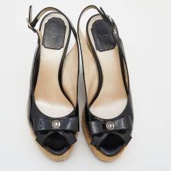 Dior Black Patent Leather Wedge Espadrille Bow Platform Slingback Sandals Size 38