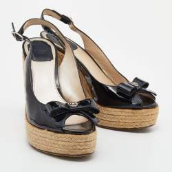 Dior Black Patent Leather Wedge Espadrille Bow Platform Slingback Sandals Size 38