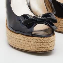 Dior Black Patent Leather Wedge Espadrille Bow Platform Slingback Sandals Size 38