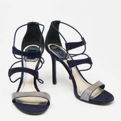 Dior Blue Suede And Python Embossed Leather Open Toe Strap Sandals Size 37