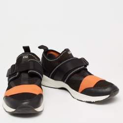 Dior Homme Orange/Black Mesh And Leather Buckle Slip On Sneakers Size 45