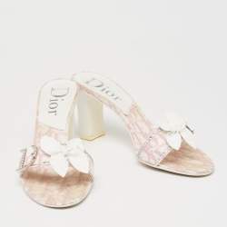 Dior Pink/White Monogram Canvas And Leather Crystal Embellished Open Toe Slides Sandals Size 38 