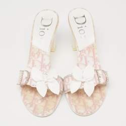 Dior Pink/White Monogram Canvas And Leather Crystal Embellished Open Toe Slides Sandals Size 38 