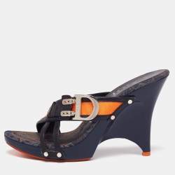 Dior Navy Blue/Orange Leather and Canvas Slide Sandals Size 39.5