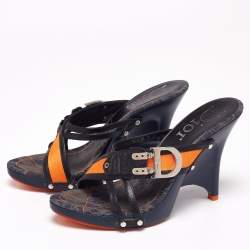 Dior Navy Blue/Orange Leather and Canvas Slide Sandals Size 39.5