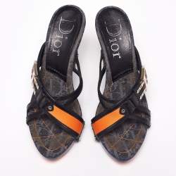 Dior Navy Blue/Orange Leather and Canvas Slide Sandals Size 39.5