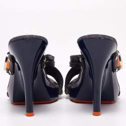Dior Navy Blue/Orange Leather and Canvas Slide Sandals Size 39.5