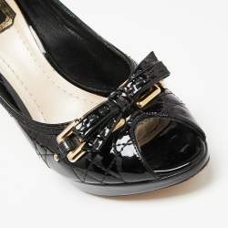 Pre Owned Dior Black Cannage Patent Leather Bow Peep-Toe Pumps Size 37.5