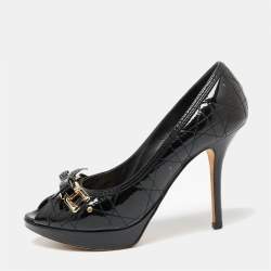 Pre Owned Dior Black Cannage Patent Leather Bow Peep-Toe Pumps Size 37.5