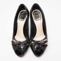 Pre Owned Dior Black Cannage Patent Leather Bow Peep-Toe Pumps Size 37.5