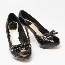 Pre Owned Dior Black Cannage Patent Leather Bow Peep-Toe Pumps Size 37.5