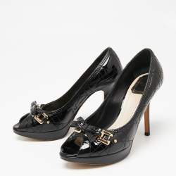 Pre Owned Dior Black Cannage Patent Leather Bow Peep-Toe Pumps Size 37.5