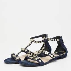 Dior Blue Denim Jewel Embellished Strappy Flat Sandals Size 38.5