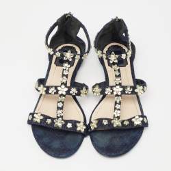 Dior Blue Denim Jewel Embellished Strappy Flat Sandals Size 38.5